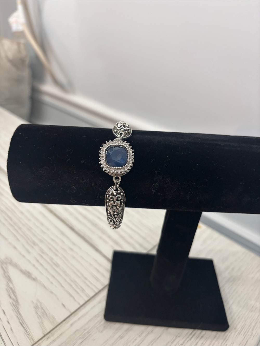 Sterling-Style Blue Snap Gem Floral Bracelet